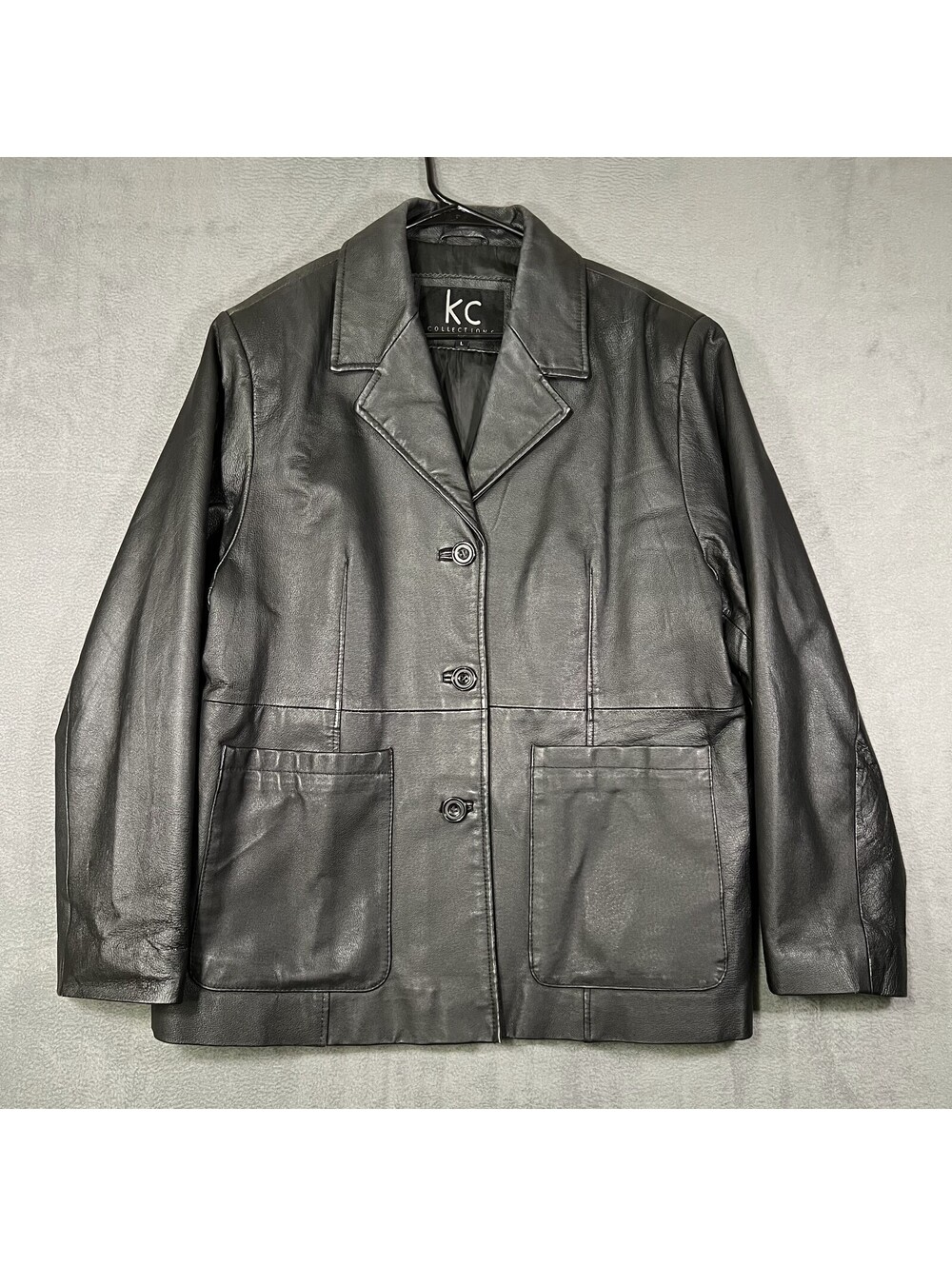 KC Collections Jacket Black Womens Large Blazer Leather 3-Button Front Pocket
